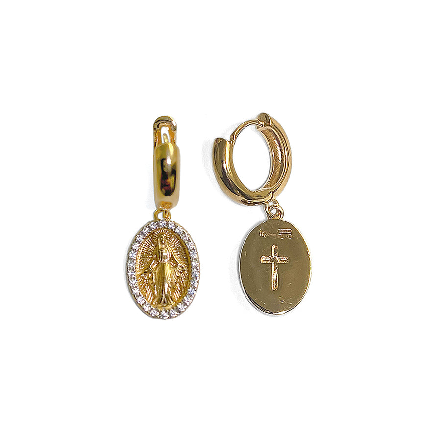 Ultima Edizione Creolen Madonna-Anhänger Kreuz Pavé Zirkonia 925 Sterling Silber Vergoldet