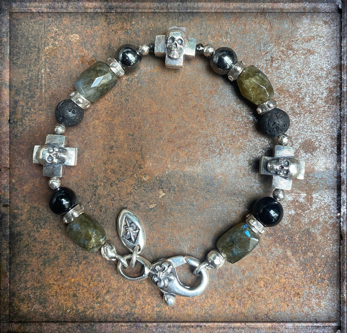 ELFCRAFT | Armband | Bracelet Silver & Skull Crosses & Rock Beads | Black Diamonds | Labradorit