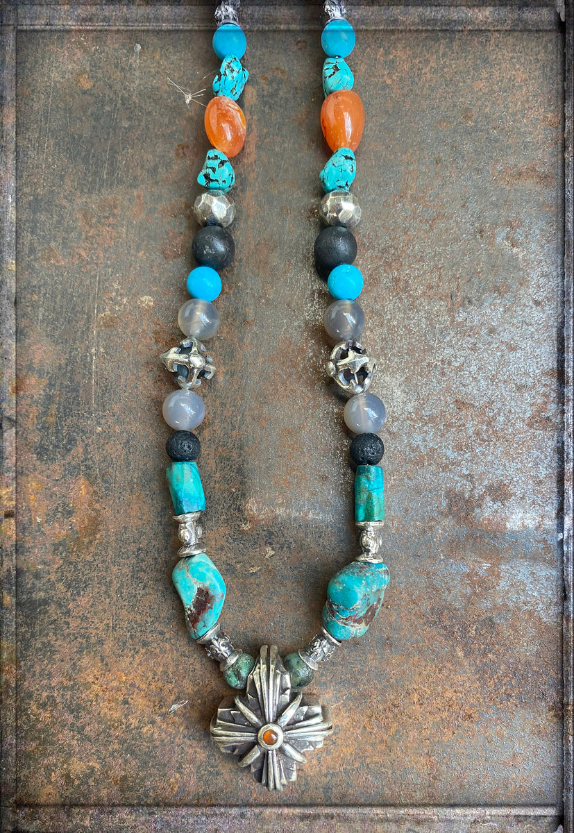 ELFCRAFT | KETTE | Beads & Rock | Greek Cross Morning Star | Carnelian Cabochon
