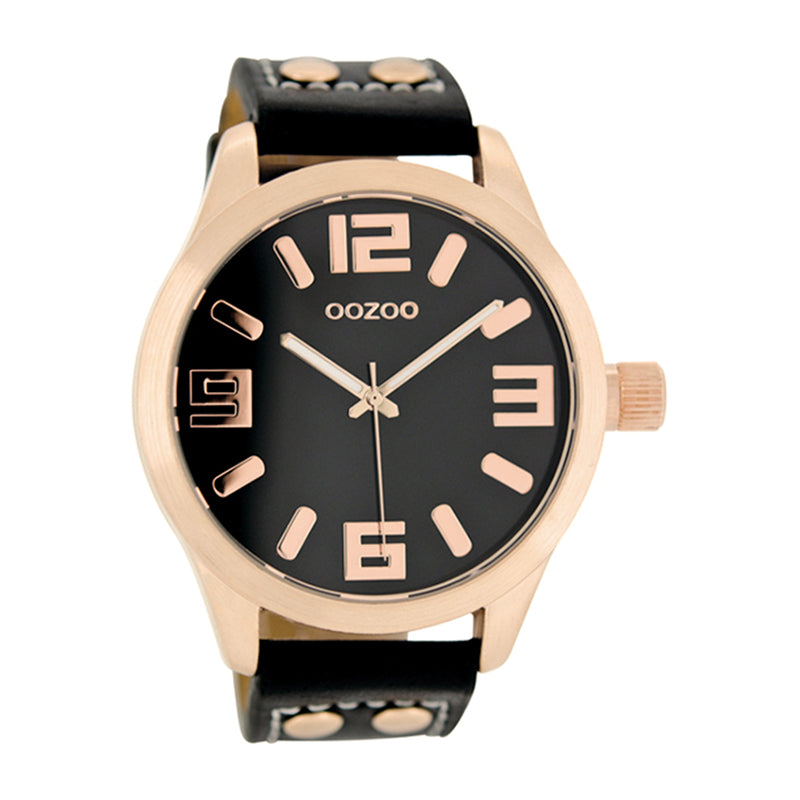 OOZOO Uhr Rosé Plattiert Schwarz Lederarmband Große Ziffern 46 mm C1159