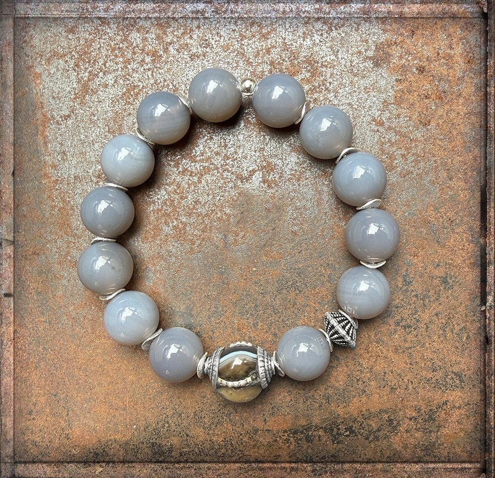 Armband Ethno Boho Achatperlen Grau Vintage Hornperle Sterling Silber Dehnbar Detail Schmuck Reichenberger