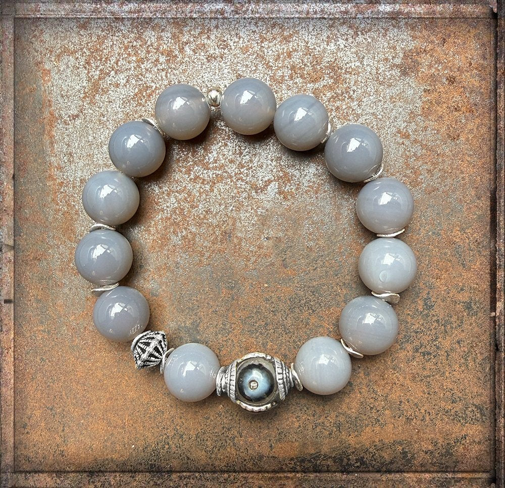 Armband Ethno Boho Achatperlen Grau Hornperle Sterling Silber Dehnbar Detail Schmuck Reichenberger