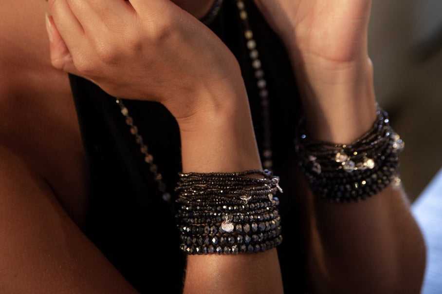 Biba Armband Kristallperlen Facettiert Stacking Beads Dehnbar Grau Antrazit Model