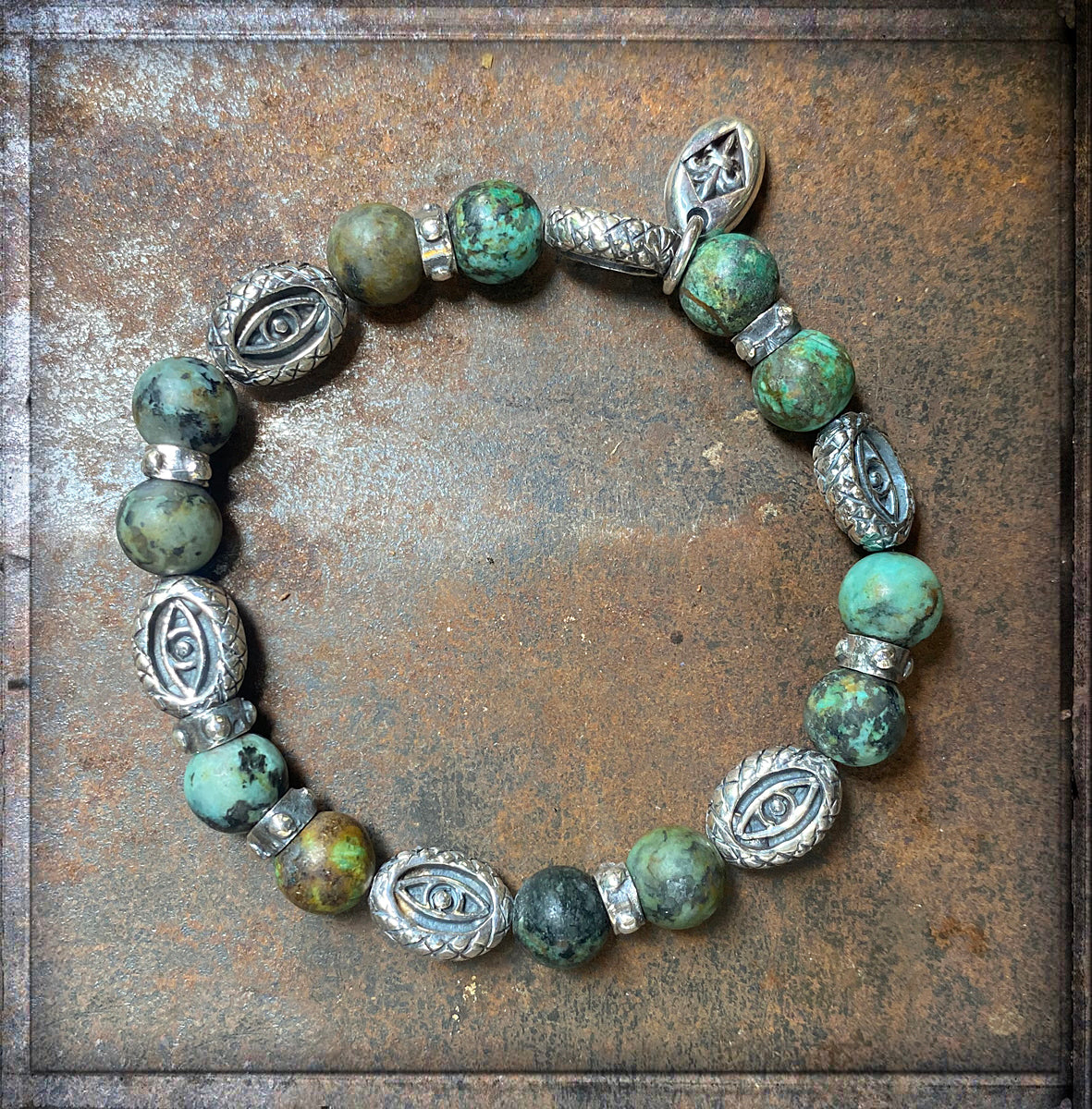 Elfcraft Armband Dragon Eye Afrikanischer Türkis 925 Silber Massiv Dehnbar Unisex