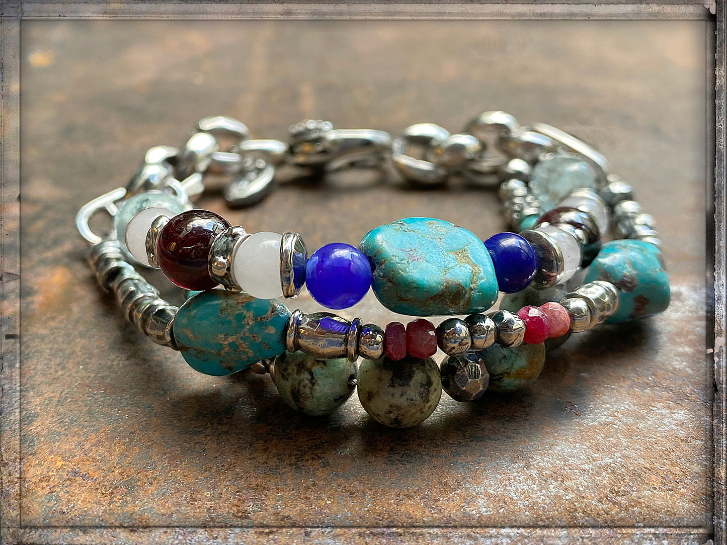 Elfcraft Armband Dreireihig Natursteine Türkis Granat Aquamarin Lapis 925 Silber Massiv Unisex