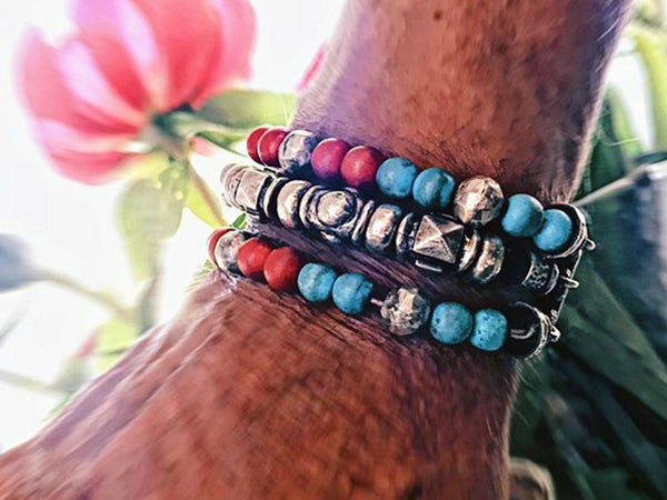 Elfcraft Armband Dreireihig Türkis Koralle Rot Leder 925 Sterling Silber Massiv Größenverstellbar Model
