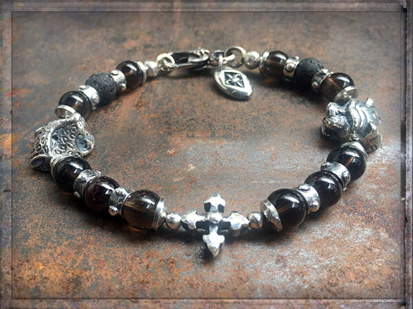 Elfcraft Armband Kreuz Löwenkopf Leopardenkopf Rauchquarz Lava Sterling Silber Massiv Unisex