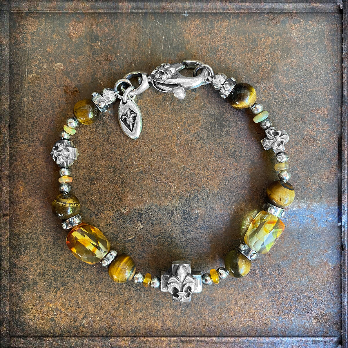 Elfcraft Armband Kreuz Lilien-Motiv Bernstein Tigerauge Opale Sterling Silber Massiv Unisex