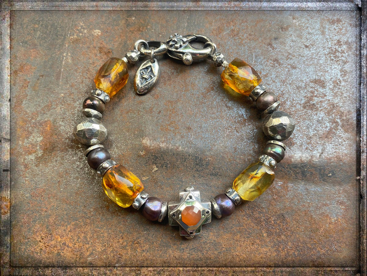Elfcraft Armband Kreuz Carneol Bernstein Graue Süßwasserperlen Schwarze Diamanten Sterling Silber Massiv Unisex