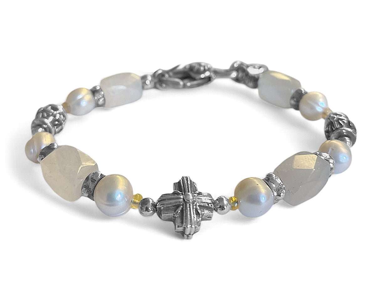 Elfcraft Armband Kreuz Morning Star Cross 925 Sterling Silber Massiv Mondstein Süßwasserperlen Opale Unisex