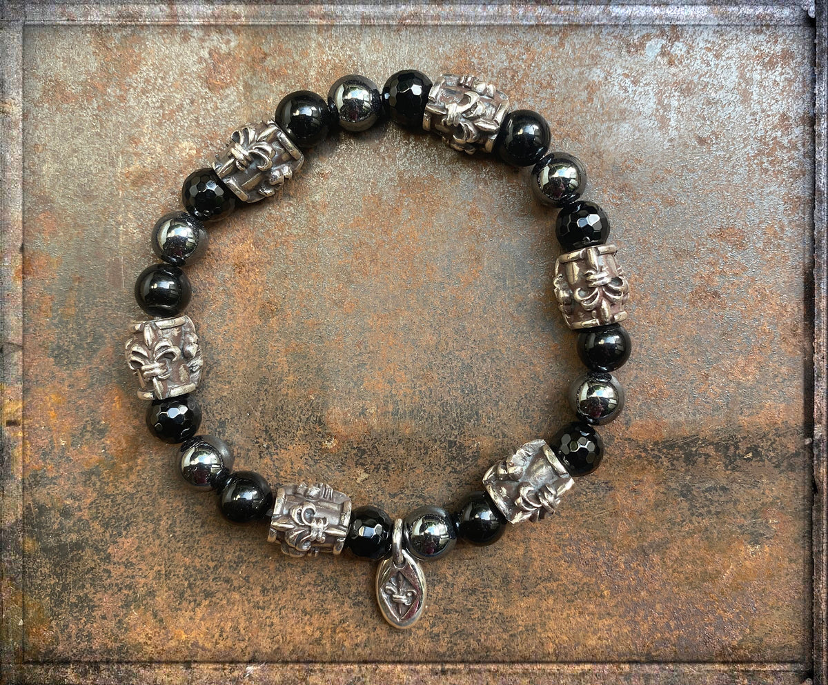 Elfcraft Armband Onyx Hämatit Lilien-Perlen 925 Sterling Silber Dehnbar Unisex
