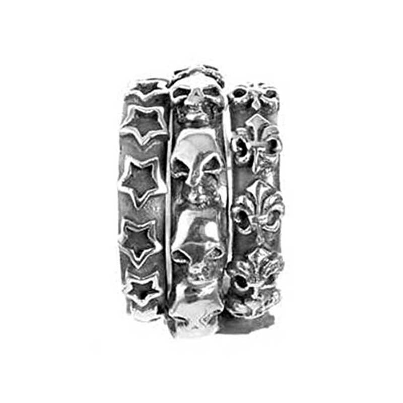 Elfcraft Bandring Dreireihig Skulls Totenköpfe Lilien Sterne Sterling Silber Massiv Unisex