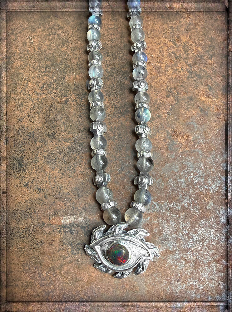Elfcraft Kette The Third-Eye-Anhänger Labradorit Light Opal Kreuz-Beads Sterling Silber Massiv Rock Style