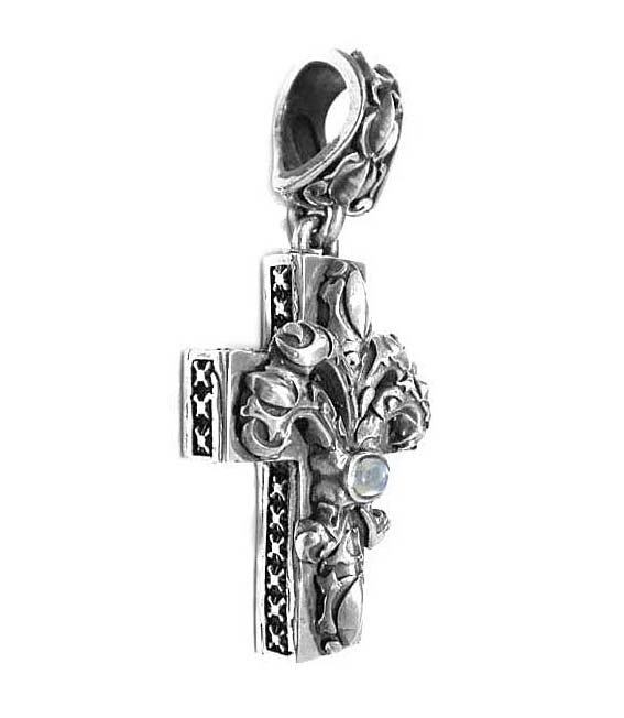 Elfcraft Kreuz Anhänger Mondstein Garden-At-Night Motiv 7 cm Groß 925 Sterling Silber Massiv Unisex Seitlich