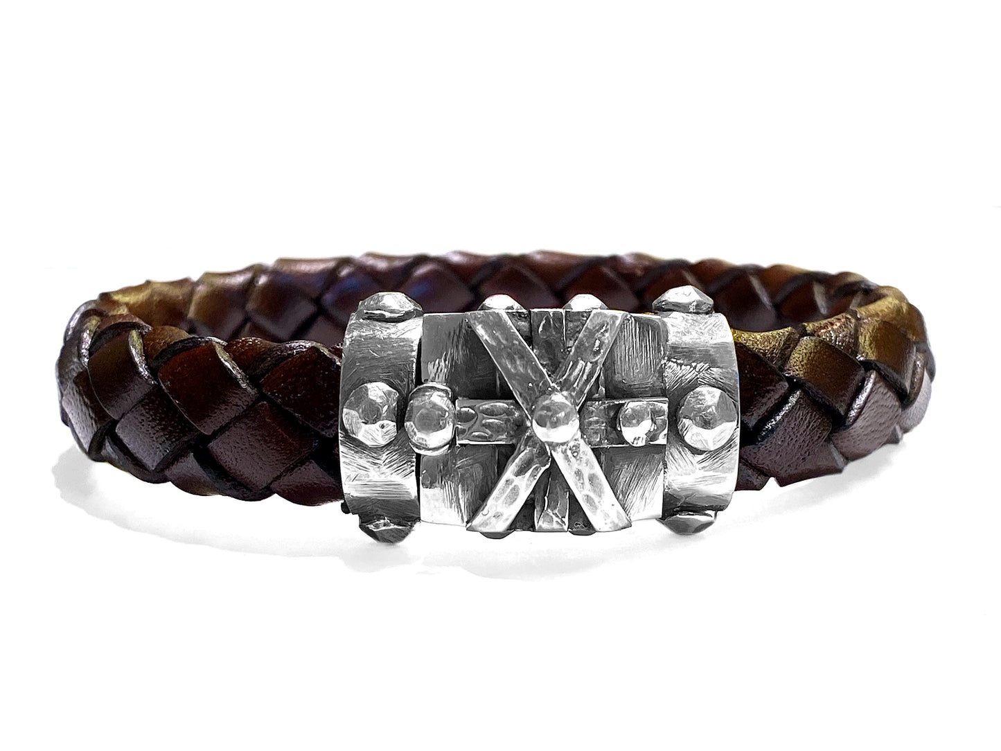 Elfcraft Lederarmband Braun 13 mm Geflochten Cross Bound Schließe 925 Sterling Silber Massiv Unisex