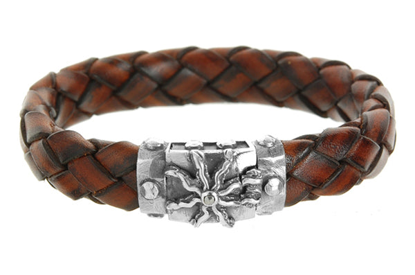 Elfcraft Lederarmband Braun 13 mm Geflochten Elfin Sun Meteorit-Schließe 925 Sterling Silber Unisex