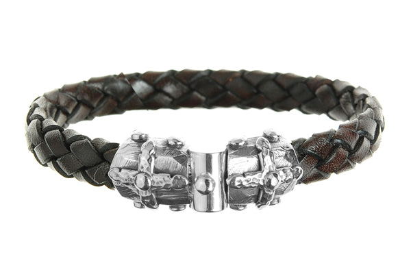 Elfcraft Lederarmband 10 mm Breit Geflochten Braun Schliesse Kreuz-Motive 925 Sterling Silber Massiv Unisex