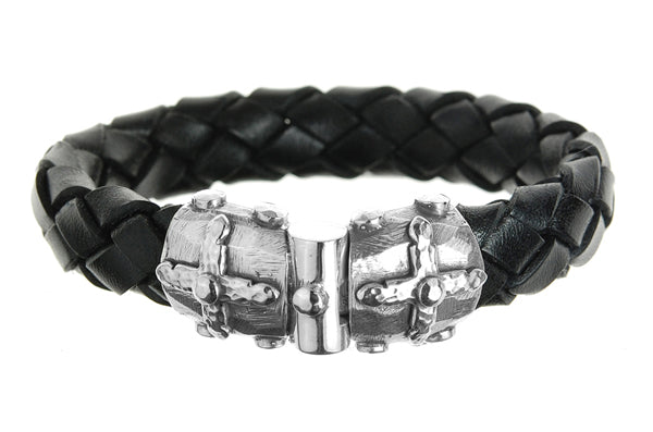 Elfcraft Lederarmband 13 mm Breit Geflochten Schwarz Schliesse Kreuz-Motive 925 Sterling Silber Massiv Unisex