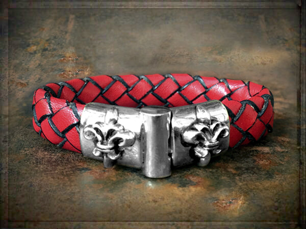 Elfcraft Lederarmband Geflochten Rot 13 mm Lilien-Verschluss Sterling Silber Massiv Unisex