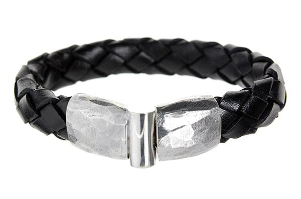Elfcraft Lederarmband Geflochten Schwarz 13 mm Schließe Gehämmert 925 Sterling Silber Massiv Unisex