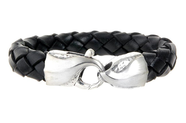 Elfcraft Lederarmband Geflochten Schwarz 13 mm Karabiner 925 Sterling Silber Massiv Unisex