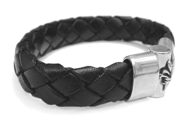 Elfcraft Lederarmband Geflochten Schwarz 13 mm Schliesse Lilien-Motiv 925 Sterling Silber Massiv Unisex