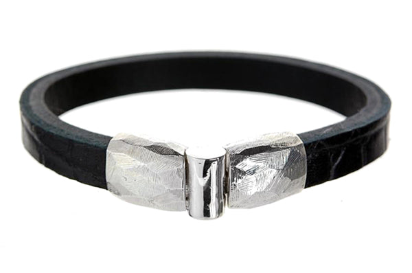 Elfcraft Lederarmband Schwarz 10 mm Schließe Gehämmert 925 Sterling Silber Massiv Unisex