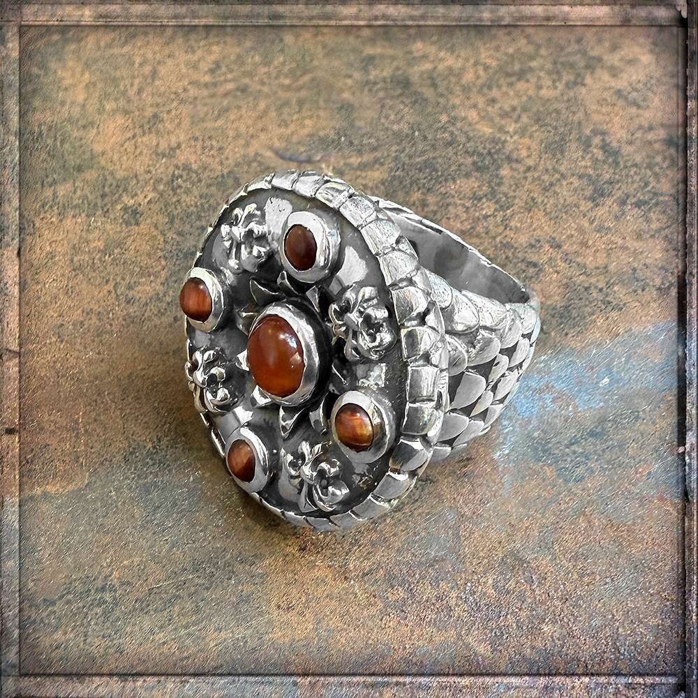 Elfcraft Ring Lilies Coin Dragon Scales Carneol Tigerauge 925 Sterling Silber Massiv Seitlich