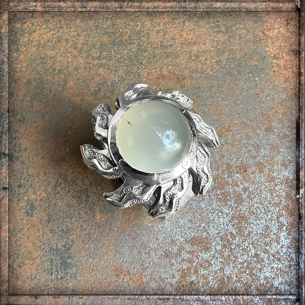 Elfcraft Ring Elfin Spiral Flamed Sun Sonnen-Motiv Mondstein Cabochon Sterling Silber Massiv Unikat