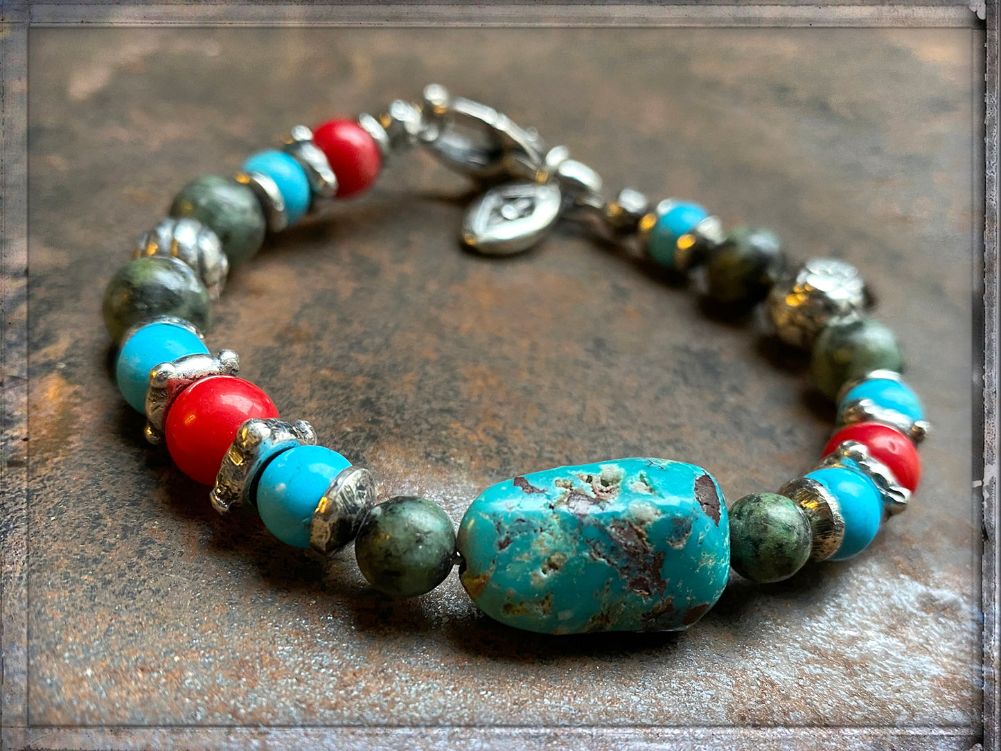 Elfcraft Steinarmband Türkis Coral Rot Afrikanischer Türkis Sterling Silber Massiv Unisex