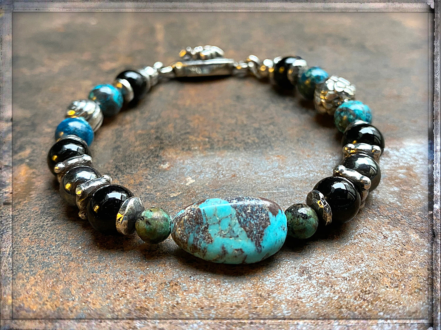 Elfcraft Steinarmband Türkis-Nuggets Afrikanischer Türkis Chrysokoll Onyx Lilien-Verschluss 925 Sterling Silber Massiv Unisex