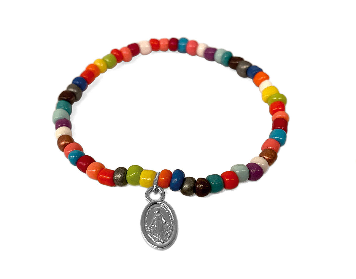 Escapulario Rocaille-Perlenarmband Bunt Madonna-Anhänger Versilbert Dehnbar 4 mm