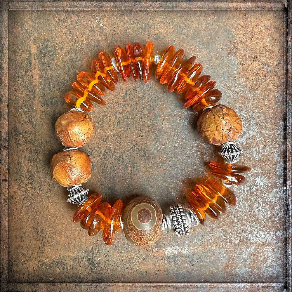 Armband Ethno Boho Bernstein Tribalperle 925 Sterling Silber Dehnbar Unikat Schmuck Reichenberger