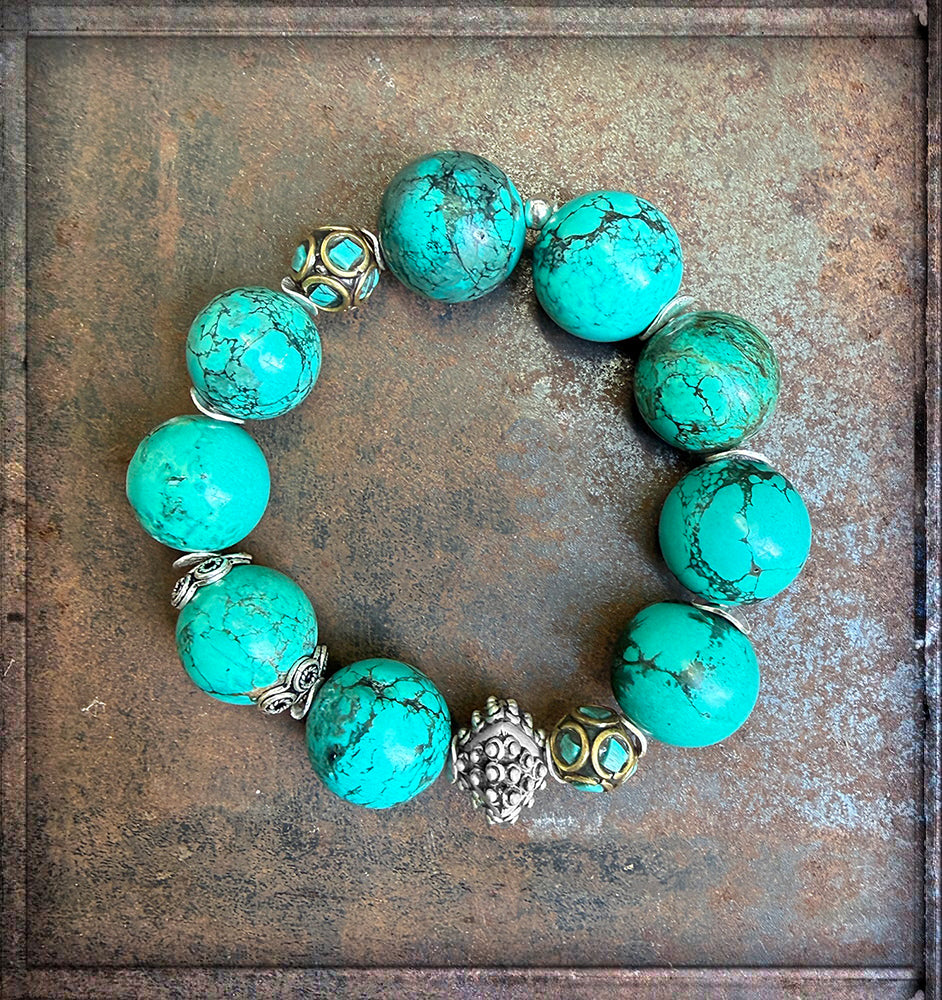 Ethno Boho Armband Magnesit Türkis Tibet-Perlen Silber Dehnbar Unikat