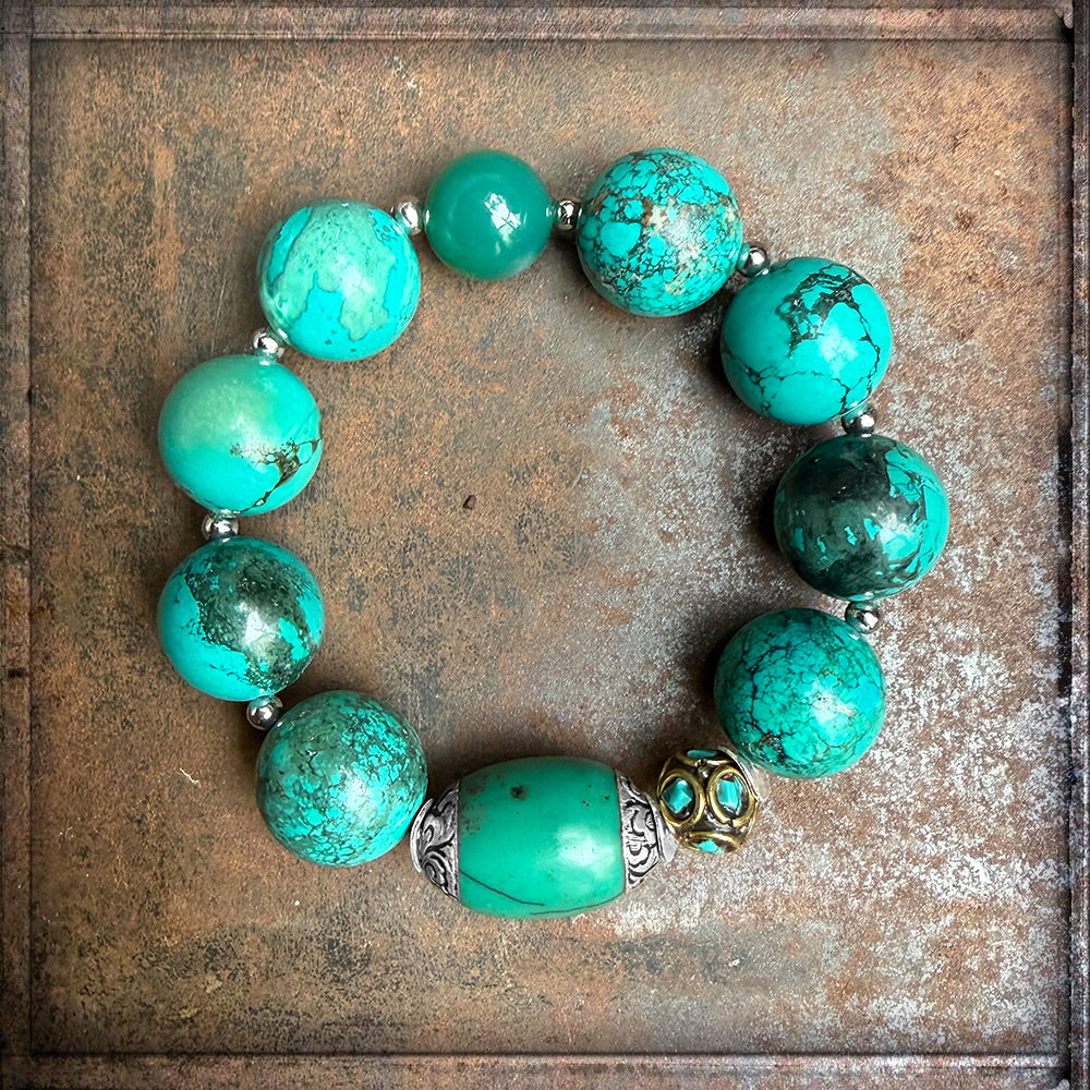 Ethno Armband Magnesit Türkis Tibet-Perle Achat Grün Tibetische Mosaik-Perle Türkis Sterling Silber Dehnbar Handgefertigtes Boho-Unikat
