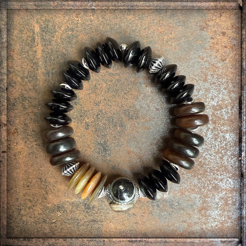 Armband Ethno Boho Onyx Horn 925 Sterling Silber Dehnbar Unikat