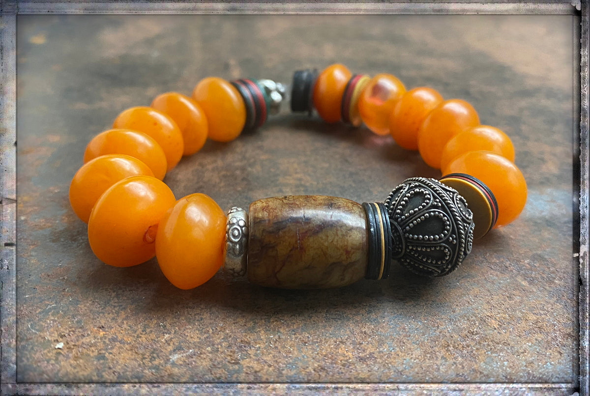Armband Ethno Boho Orange Jade 925 Sterling Silber Dehnbar Unikat Schmuck Reichenberger