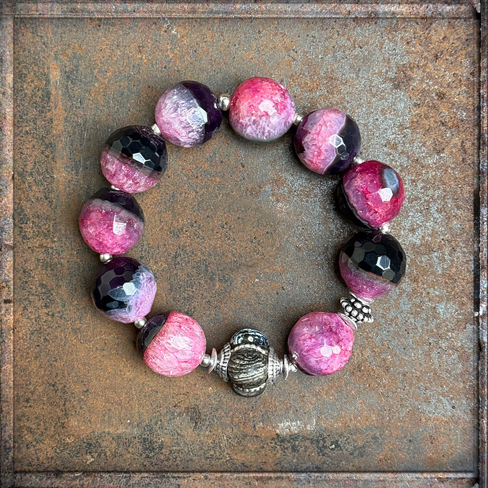 Armband Ethno Boho Achat Pink-Mix Sterling Silber Hornperle Unikat Dehnbar Schmuck Reichenberger