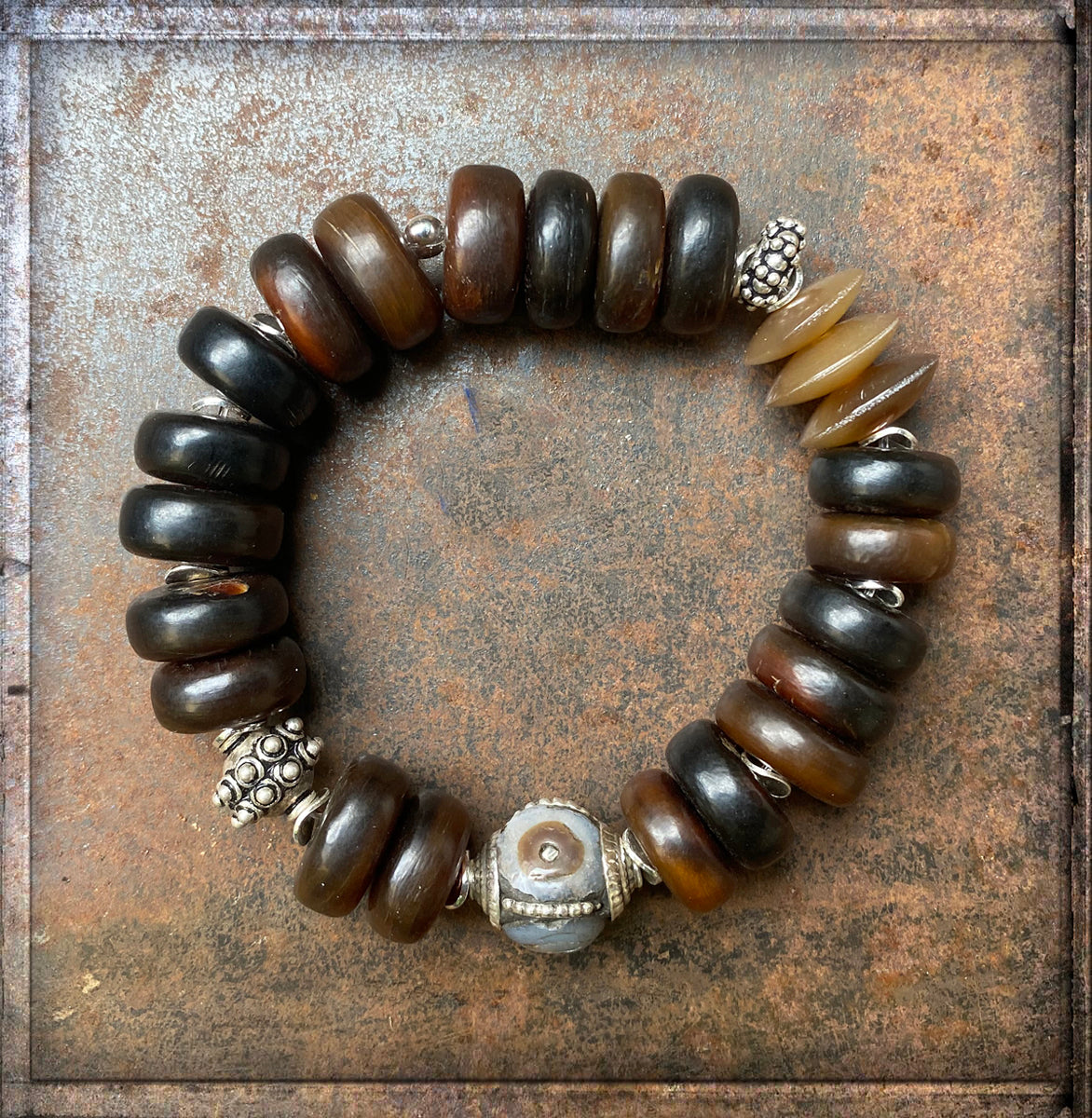 Ethno Boho Horn Armband Sterling Silber Dehnbar Unisex Unikat