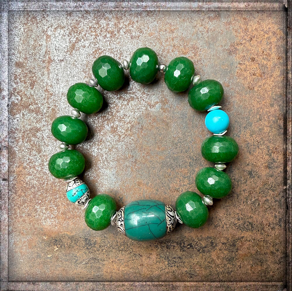 Ethno Boho Jade-Armband Grün Facettiert Tibet-Perle Türkis Dehnbar Unikat 925 Sterling Silber Schmuck Reichenberger