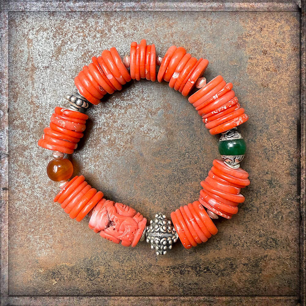 Ethno Boho Armband Bambuskoralle Coral Orange Tibet-Perle Jade Dehnbar Unikat 925 Sterling Silber Schmuck Reichenberger