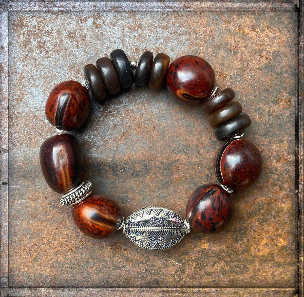 Armband Samenkugeln Braun Ethno Boho Horn Sterling Silber Dehnbar Unikat