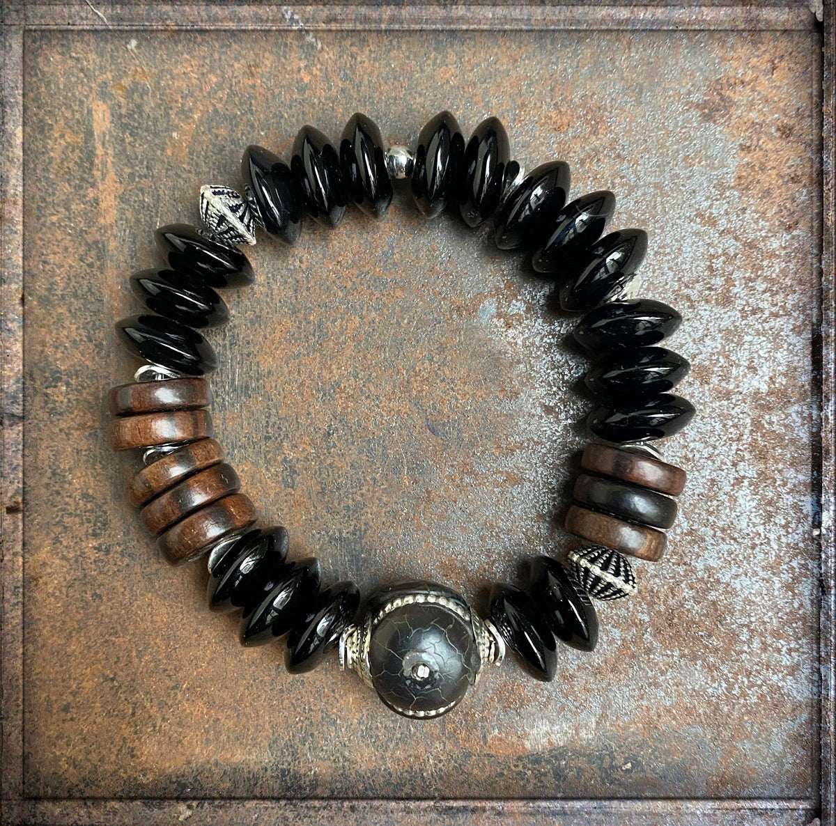Onyx Armband Ethno Boho Holzperlen 925 Silber Dehnbar Unisex Unikat