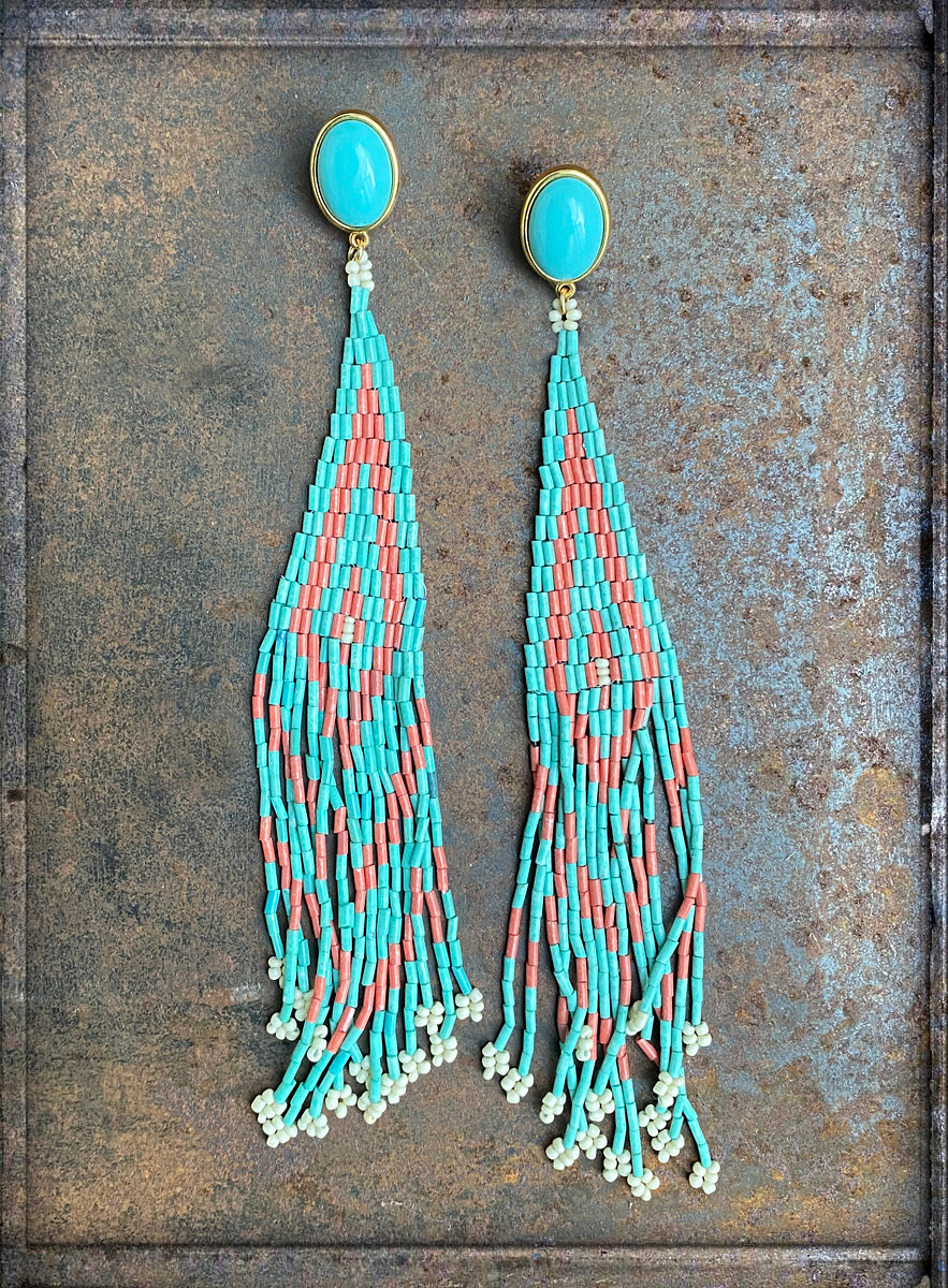 Justwin Boho Statement-Ohrringe Lange Perlenfransen Türkis Koralle 19 cm
