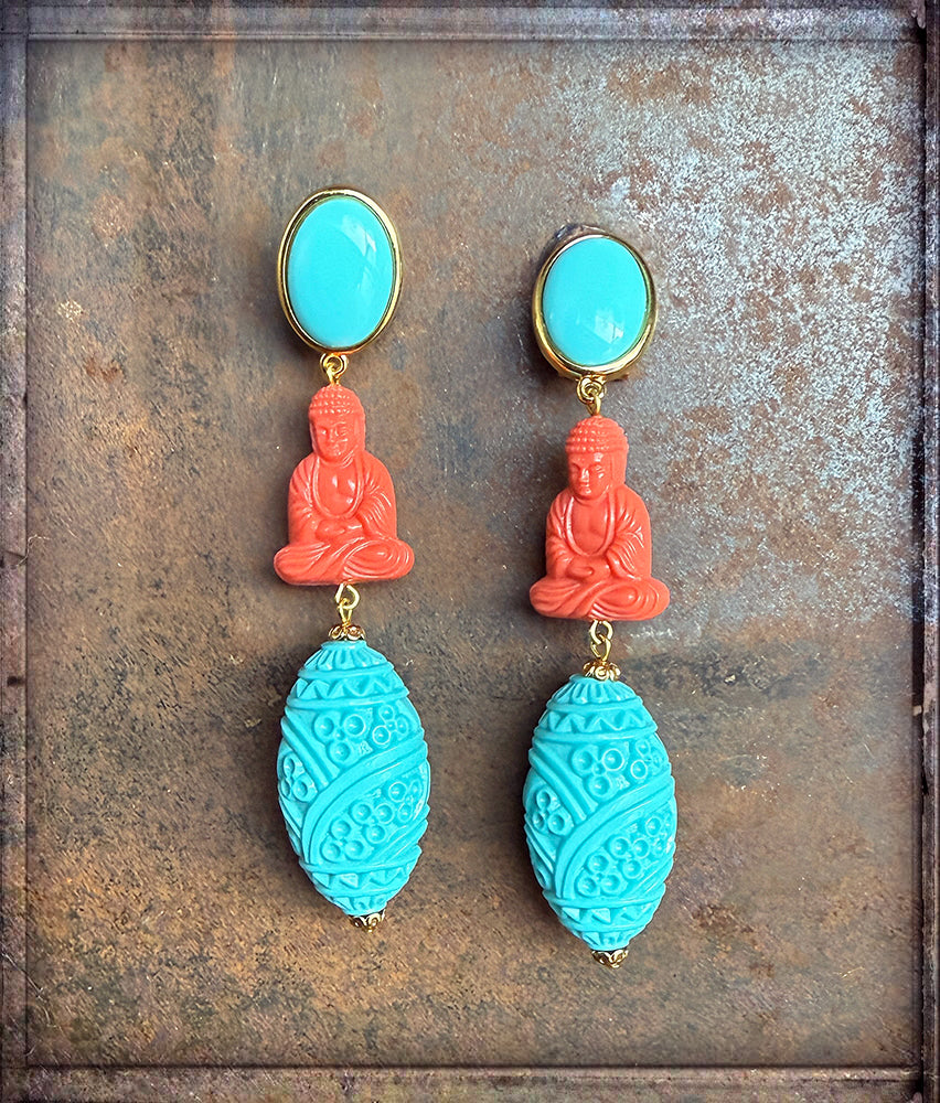 Justwin Ohrringe Buddha Statement Boho Coral Türkis Vergoldet 1