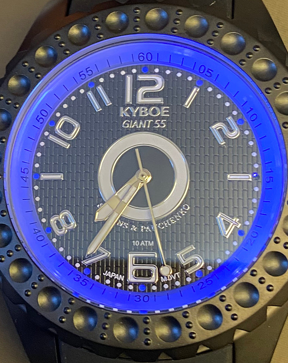 KYBOE XXL Uhr Giant DJ 55 mm Edelstahlgehäuse Schwarz Plattiert Silikonarmband Blaue LED-Lichtbeleuchtung