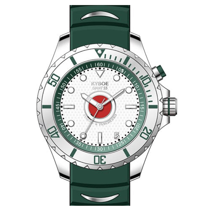 KYBOE XXL Uhr Giant Milano 55 mm Edelstahlgehäuse Zifferblatt Weiß Silikonarmband Dunkelgrün 10 ATM