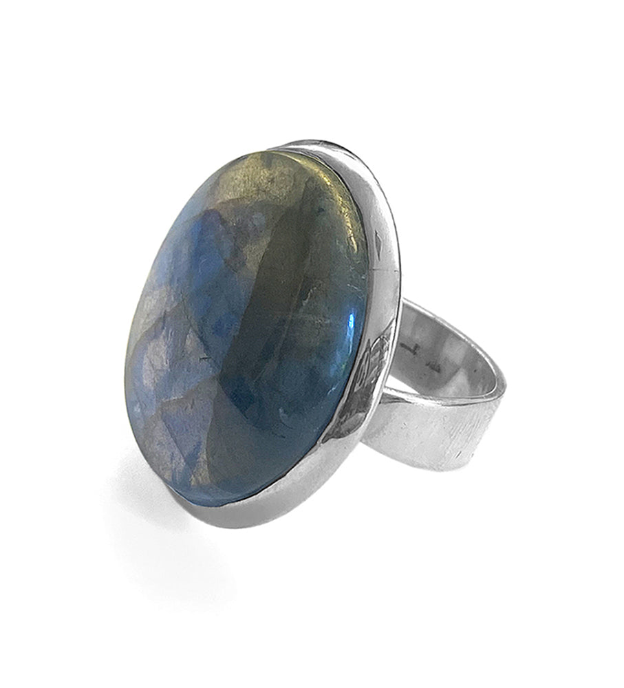 Labradorit-Ring Rund Sterling Silber Unikat Größenverstellbar Seitlich