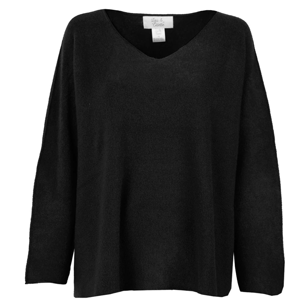 Lou & Odette Sweater Laura Oversize Viskose-Mix Schwarz V-Ausschnitt Ärmel mit Außennaht