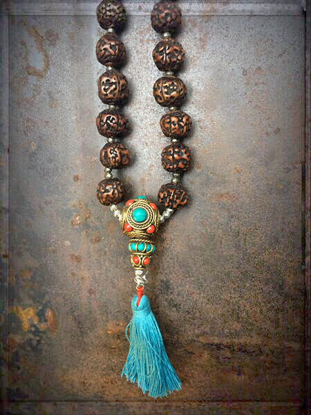 Mala-Kette Rudraksha Quaste Türkis 120 cm Lang